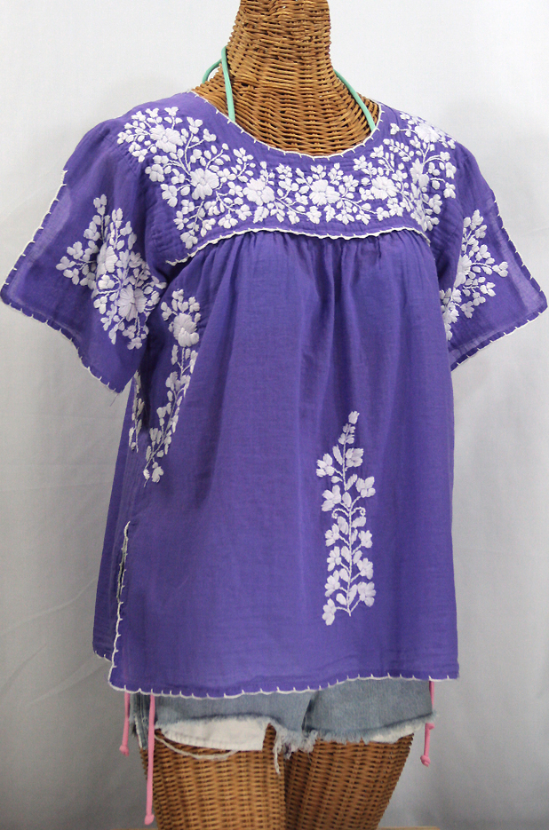 "La Lijera" Embroidered Peasant Blouse Mexican Style -Purple + White