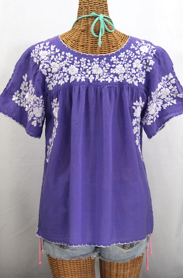 "La Lijera" Embroidered Peasant Blouse Mexican Style -Purple + White
