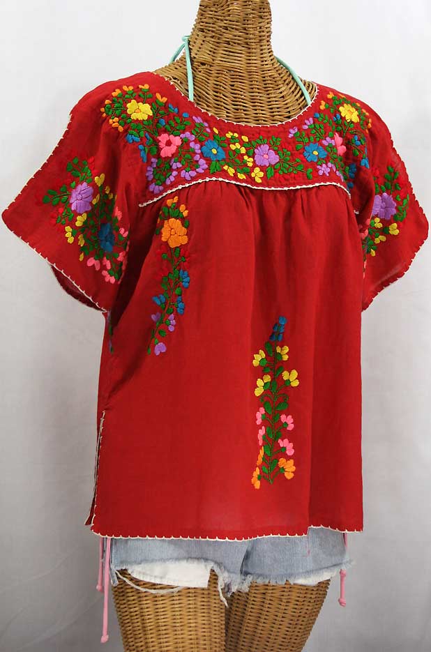 "La Lijera" Embroidered Peasant Blouse Mexican Style -Red + Rainbow