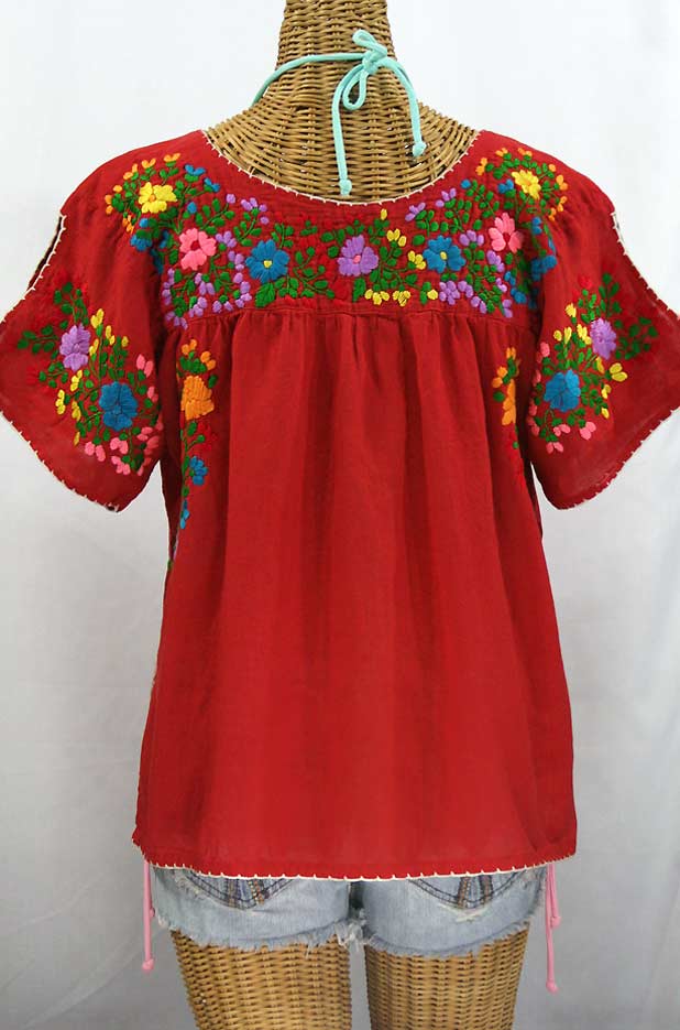 "La Lijera" Embroidered Peasant Blouse Mexican Style -Red + Rainbow