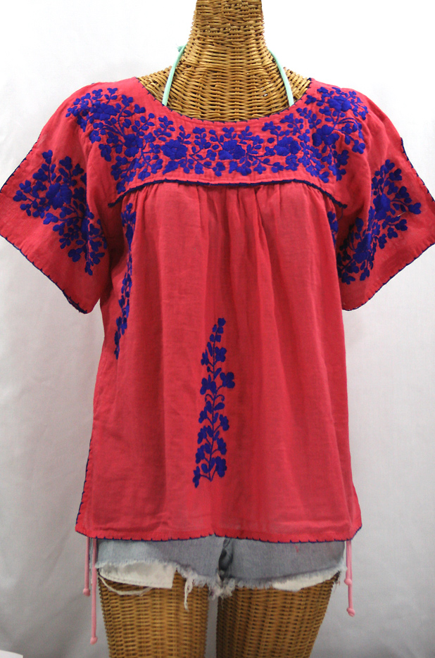 "La Lijera" Embroidered Peasant Blouse Mexican Style -Tomato Red + Blue Embroidery