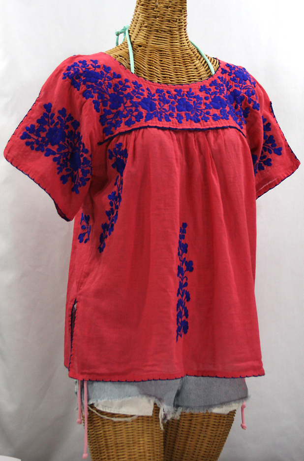 "La Lijera" Embroidered Peasant Blouse Mexican Style -Tomato Red + Blue Embroidery