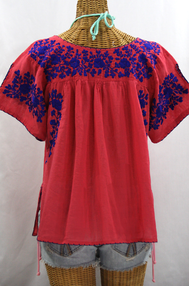 "La Lijera" Embroidered Peasant Blouse Mexican Style -Tomato Red + Blue Embroidery