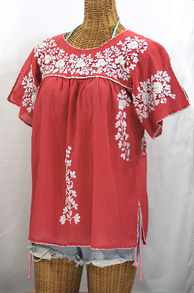 "La Lijera" Embroidered Peasant Blouse Mexican Style -Tomato Red + White