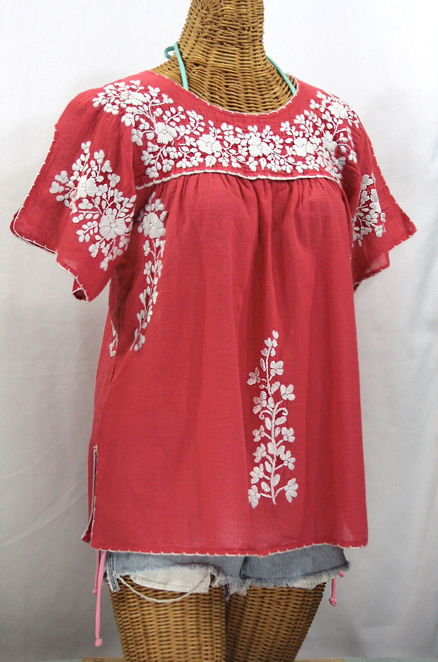 "La Lijera" Embroidered Peasant Blouse Mexican Style -Tomato Red + White