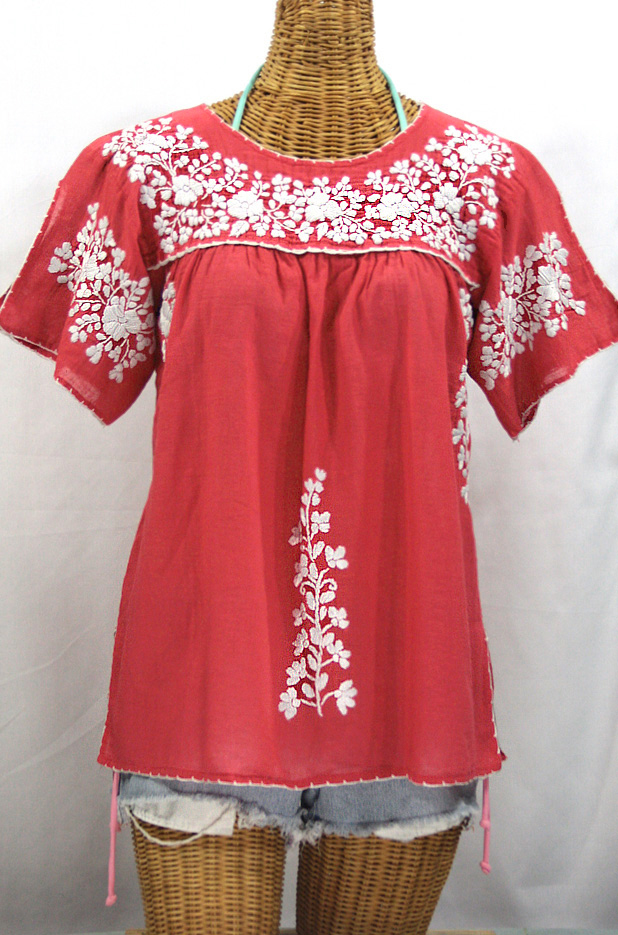 "La Lijera" Embroidered Peasant Blouse Mexican Style -Tomato Red + White