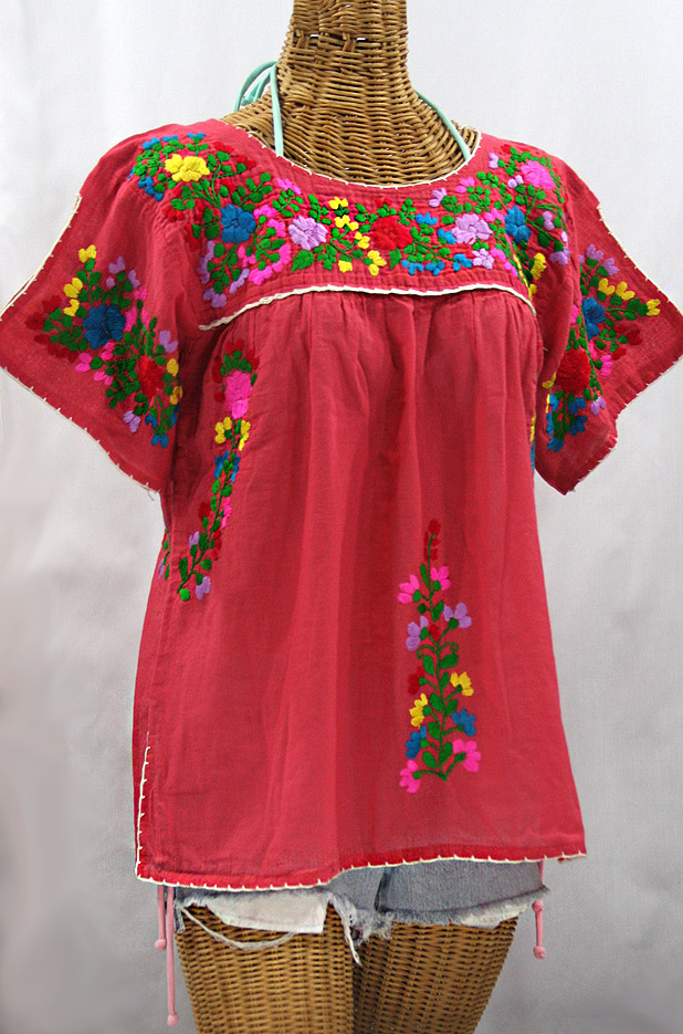 FINAL SALE -- "La Lijera" Embroidered Peasant Blouse Mexican Style - Tomato Red + Rainbow