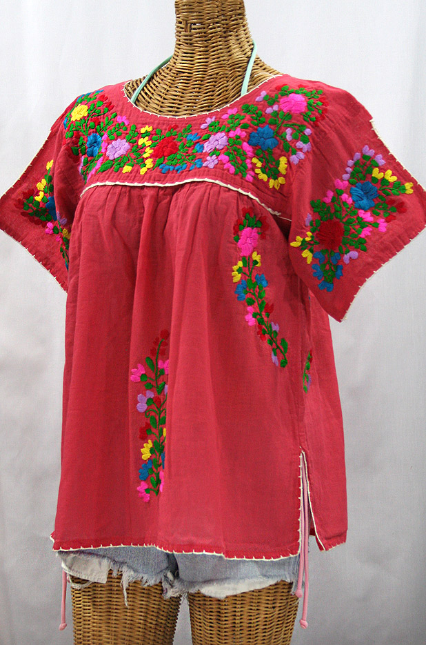 "La Lijera" Embroidered Peasant Blouse Mexican Style - Tomato Red + Rainbow