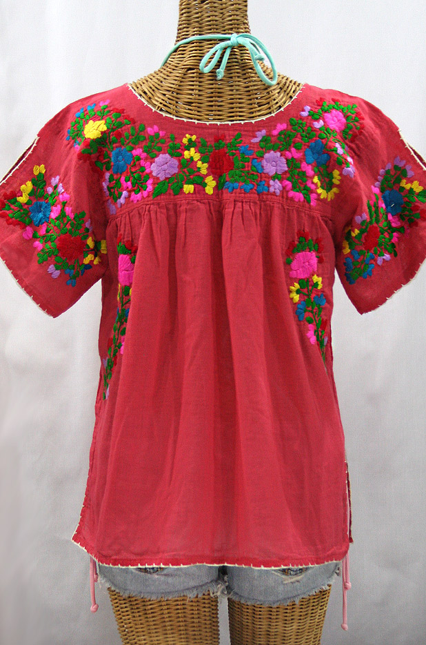 "La Lijera" Embroidered Peasant Blouse Mexican Style - Tomato Red + Rainbow