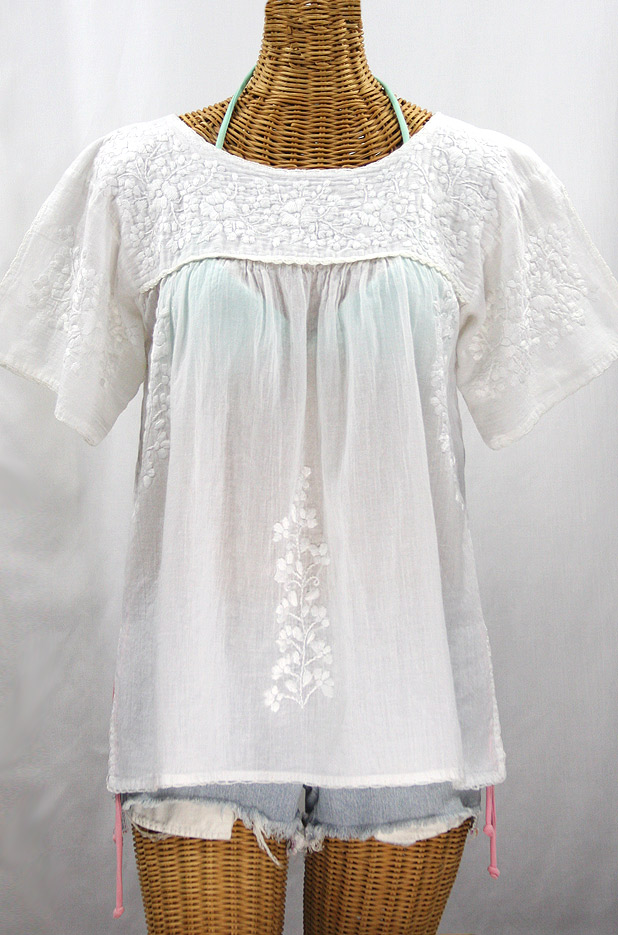 FINAL SALE-- "La Lijera" Embroidered Peasant Blouse Mexican Style -All White