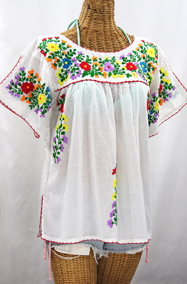 "La Lijera" Embroidered Peasant Blouse Mexican Style -White + Rainbow