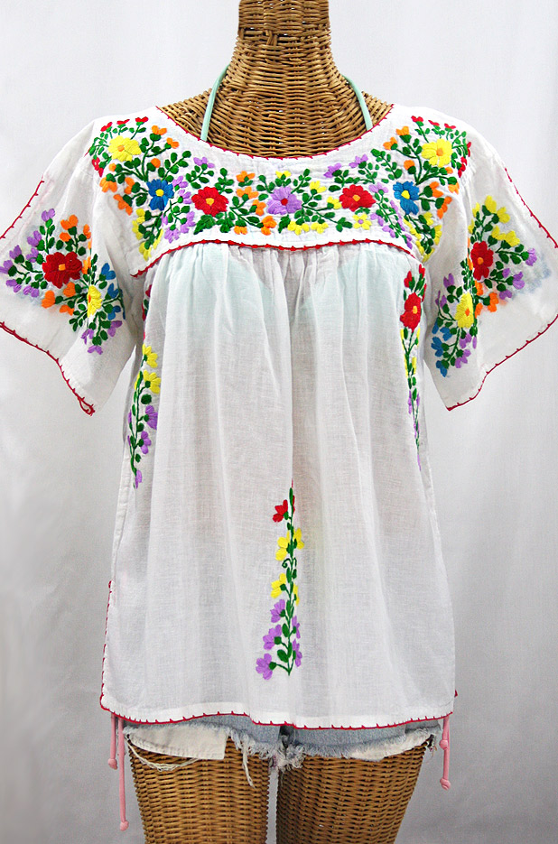 "La Lijera" Embroidered Peasant Blouse Mexican Style -White + Rainbow