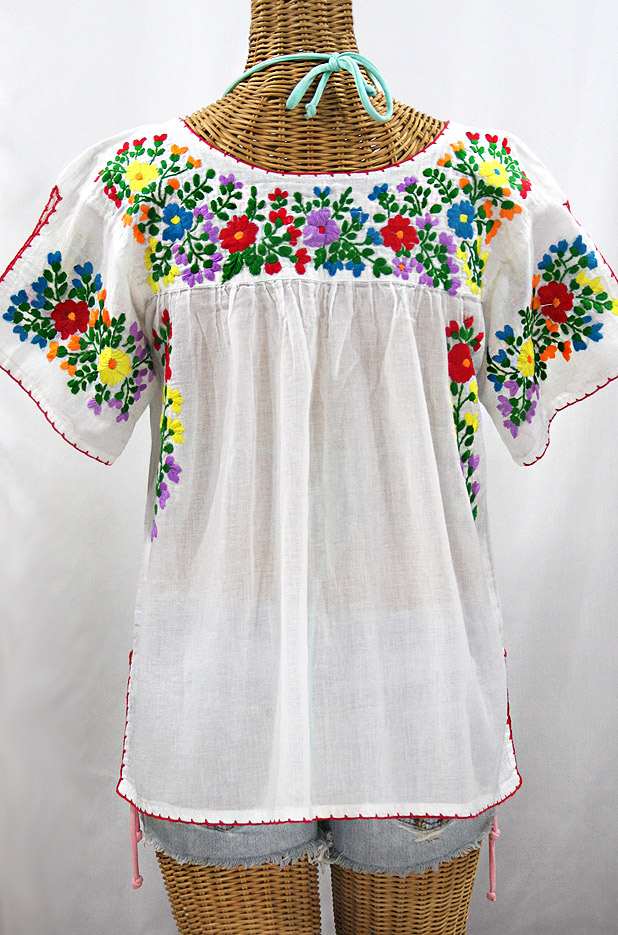 "La Lijera" Embroidered Peasant Blouse Mexican Style -White + Rainbow
