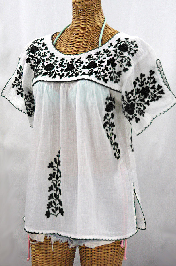 "La Lijera" Embroidered Peasant Blouse Mexican Style -White + Black