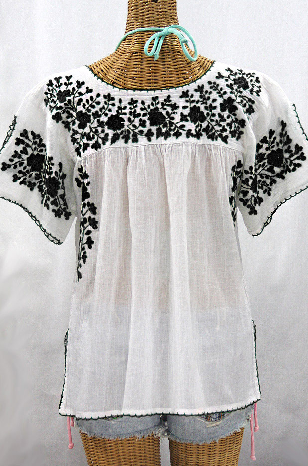 "La Lijera" Embroidered Peasant Blouse Mexican Style -White + Black