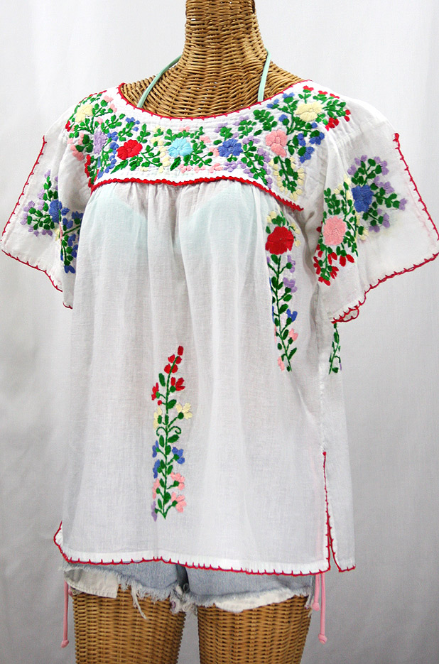 "La Lijera" Embroidered Peasant Blouse Mexican Style -White + Bright Multi-color