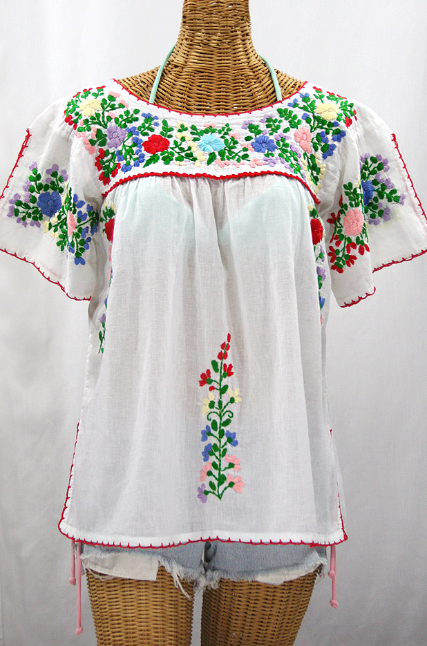 "La Lijera" Embroidered Peasant Blouse Mexican Style -White + Bright Multi-color