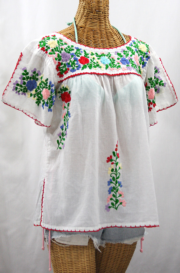 "La Lijera" Embroidered Peasant Blouse Mexican Style -White + Bright Multi-color