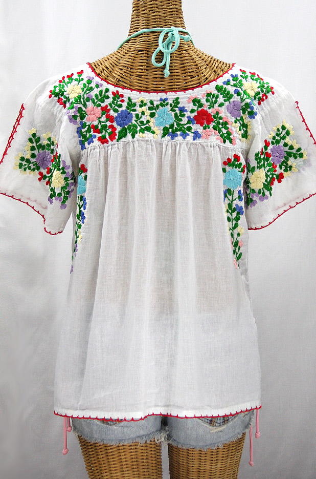 "La Lijera" Embroidered Peasant Blouse Mexican Style -White + Bright Multi-color