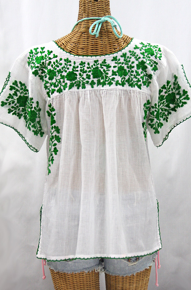"La Lijera" Embroidered Peasant Blouse Mexican Style -White + Green