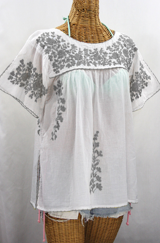 "La Lijera" Embroidered Peasant Blouse Mexican Style -White + Grey