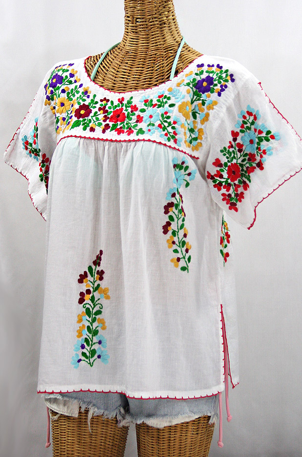 "La Lijera" Embroidered Peasant Blouse Mexican Style -White + Jewel Multi-color