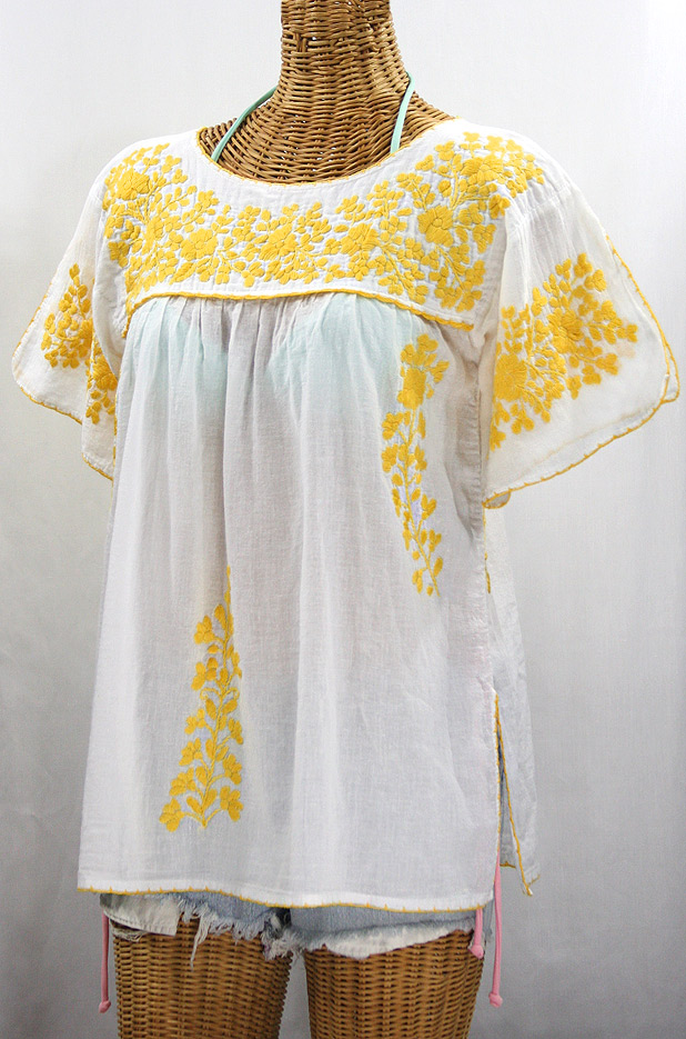 "La Lijera" Embroidered Peasant Blouse Mexican Style -White + Marigold