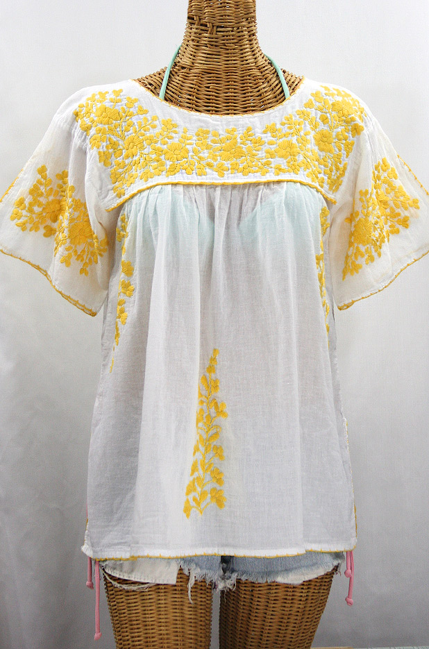 "La Lijera" Embroidered Peasant Blouse Mexican Style -White + Marigold