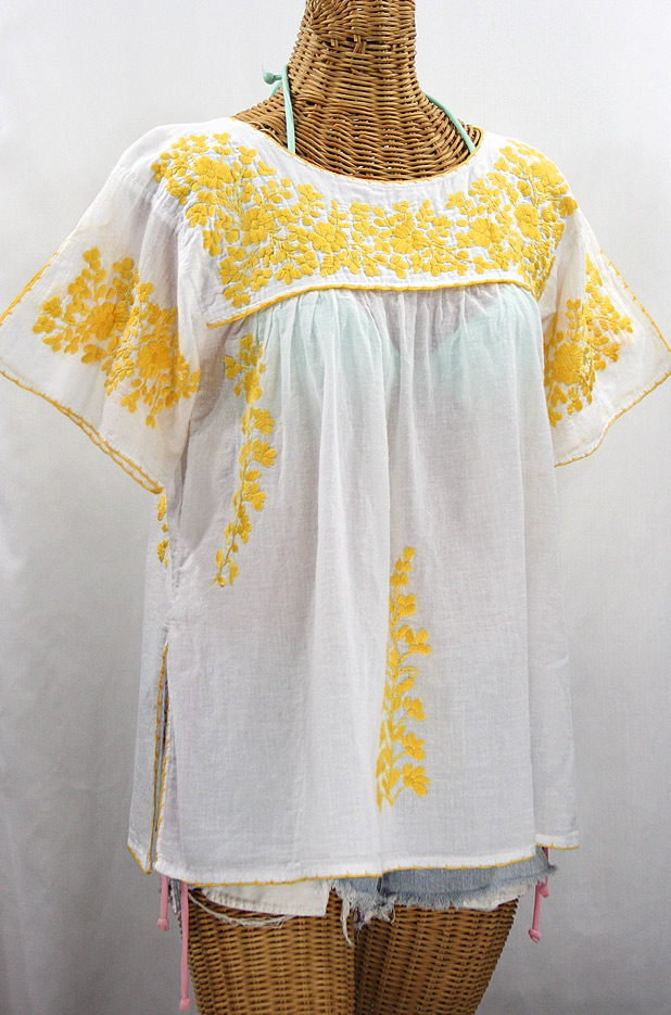 "La Lijera" Embroidered Peasant Blouse Mexican Style -White + Marigold