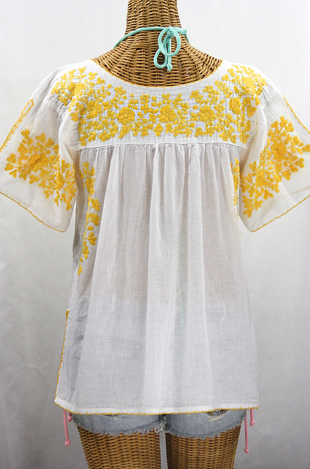 "La Lijera" Embroidered Peasant Blouse Mexican Style -White + Marigold