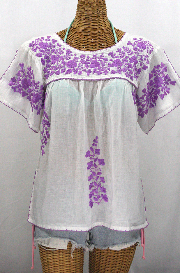 "La Lijera" Embroidered Peasant Blouse Mexican Style -White + Bright Purple