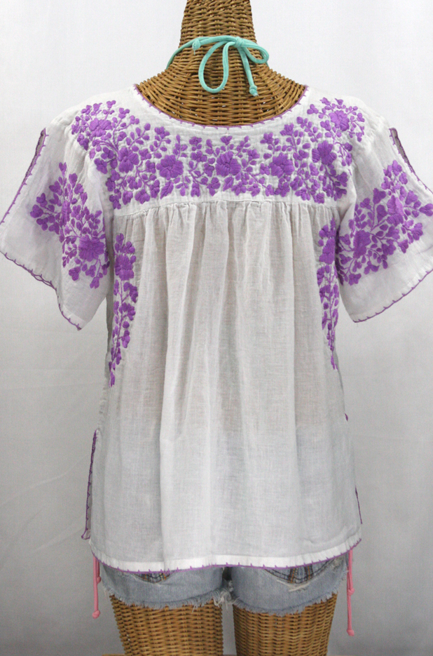 "La Lijera" Embroidered Peasant Blouse Mexican Style -White + Bright Purple