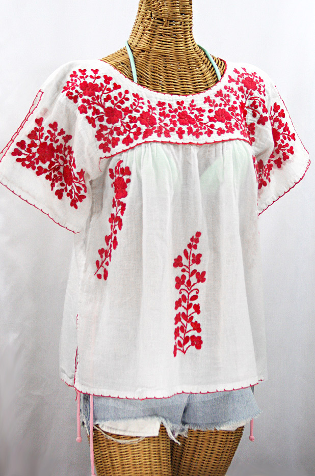 "La Lijera" Embroidered Peasant Blouse Mexican Style - White + Red