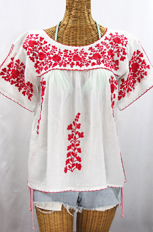 La Lijera Embroidered Peasant Blouse Mexican Style White Red