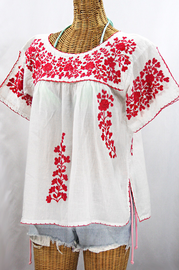 "La Lijera" Embroidered Peasant Blouse Mexican Style - White + Red