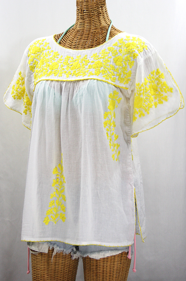 FINAL SALE -- "La Lijera" Embroidered Peasant Blouse Mexican Style -White + Neon Yellow