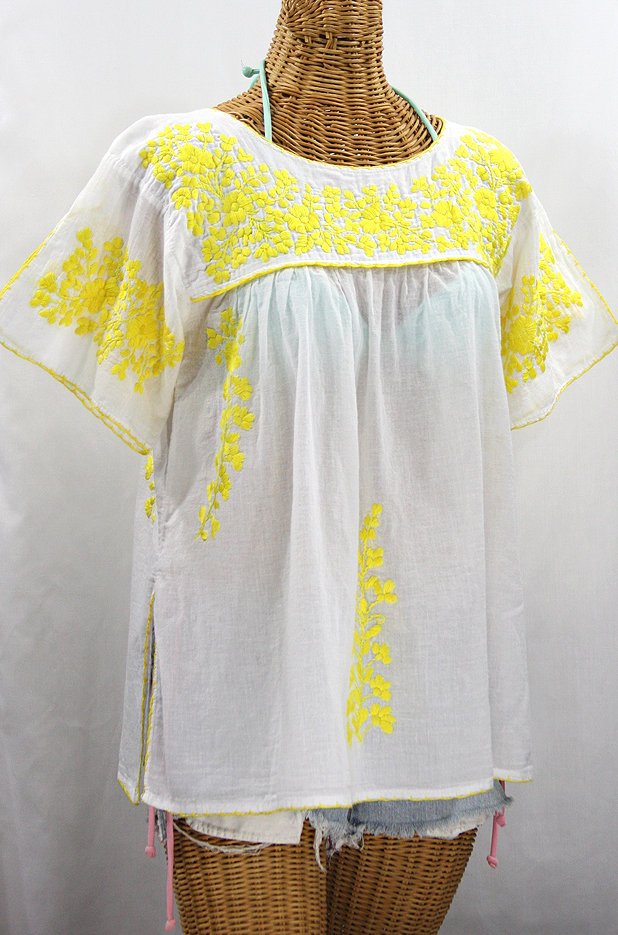 "La Lijera" Embroidered Peasant Blouse Mexican Style -White + Neon Yellow