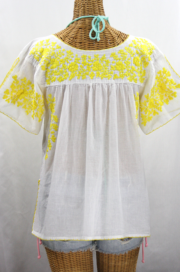 "La Lijera" Embroidered Peasant Blouse Mexican Style -White + Neon Yellow