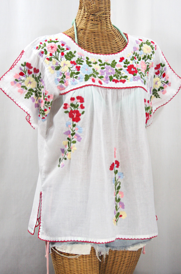 "La Lijera" Embroidered Peasant Blouse Mexican Style -White + Multi