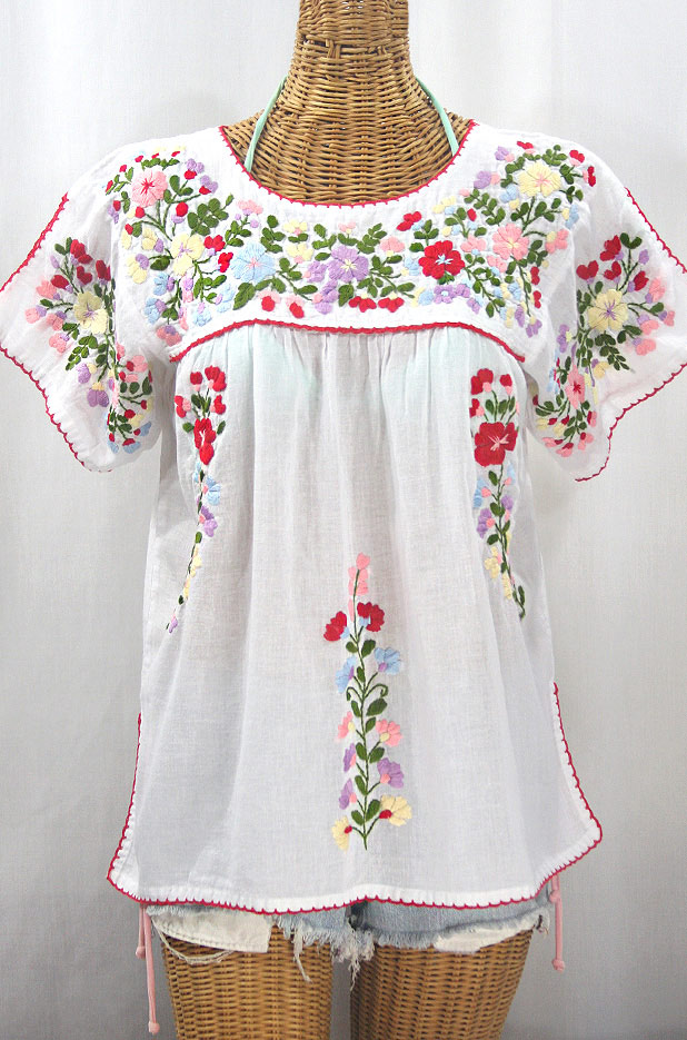 "La Lijera" Embroidered Peasant Blouse Mexican Style -White