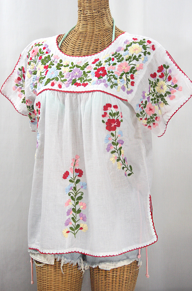 "La Lijera" Embroidered Peasant Blouse Mexican Style -White + Multi