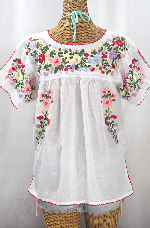 "La Lijera" Embroidered Peasant Blouse Mexican Style -White + Multi