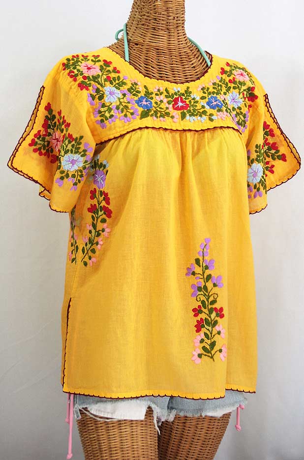 "La Lijera" Embroidered Peasant Blouse Mexican Style -Golden Yellow