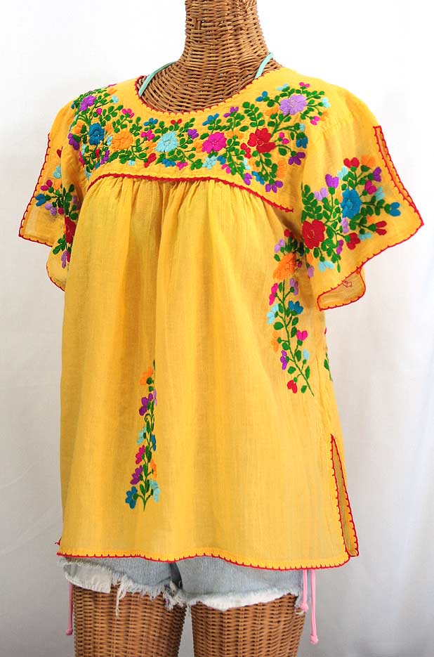 "La Lijera" Embroidered Peasant Blouse Mexican Style -Golden Yellow + Rainbow
