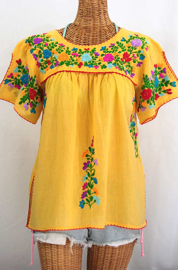 "La Lijera" Embroidered Peasant Blouse Mexican Style -Golden Yellow + Rainbow