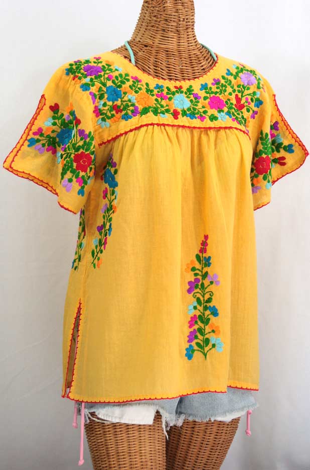 "La Lijera" Embroidered Peasant Blouse Mexican Style -Golden Yellow + Rainbow
