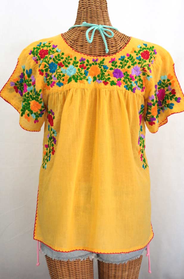 "La Lijera" Embroidered Peasant Blouse Mexican Style -Golden Yellow + Rainbow