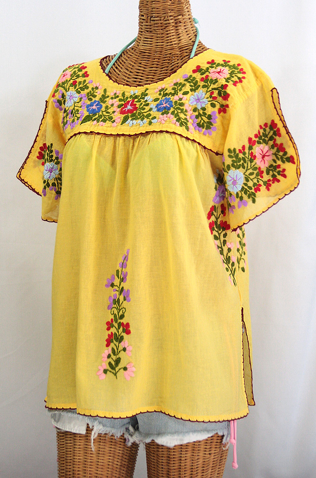 "La Lijera" Embroidered Peasant Blouse Mexican Style -Yellow