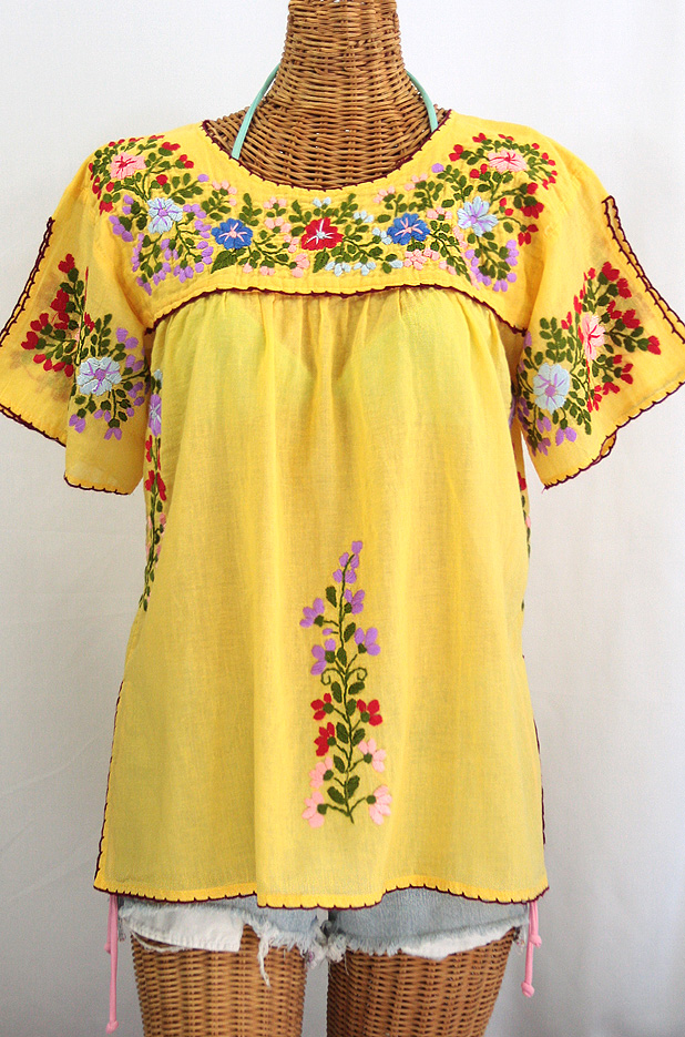 "La Lijera" Embroidered Peasant Blouse Mexican Style -Yellow