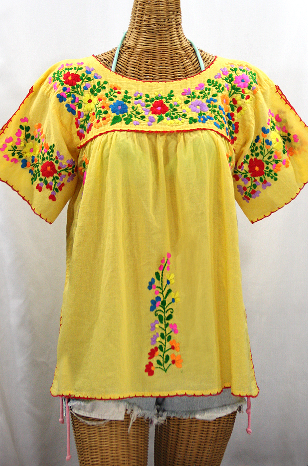 "La Lijera" Embroidered Peasant Blouse Mexican Style - Yellow + Rainbow